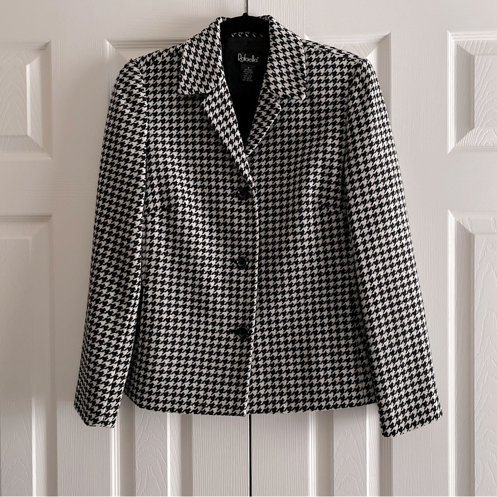 RAFAELLA WOOL HOUNDSTOOTH SINGLE BREASTED BLAZER TAILORED RETRO Black Ivory 8